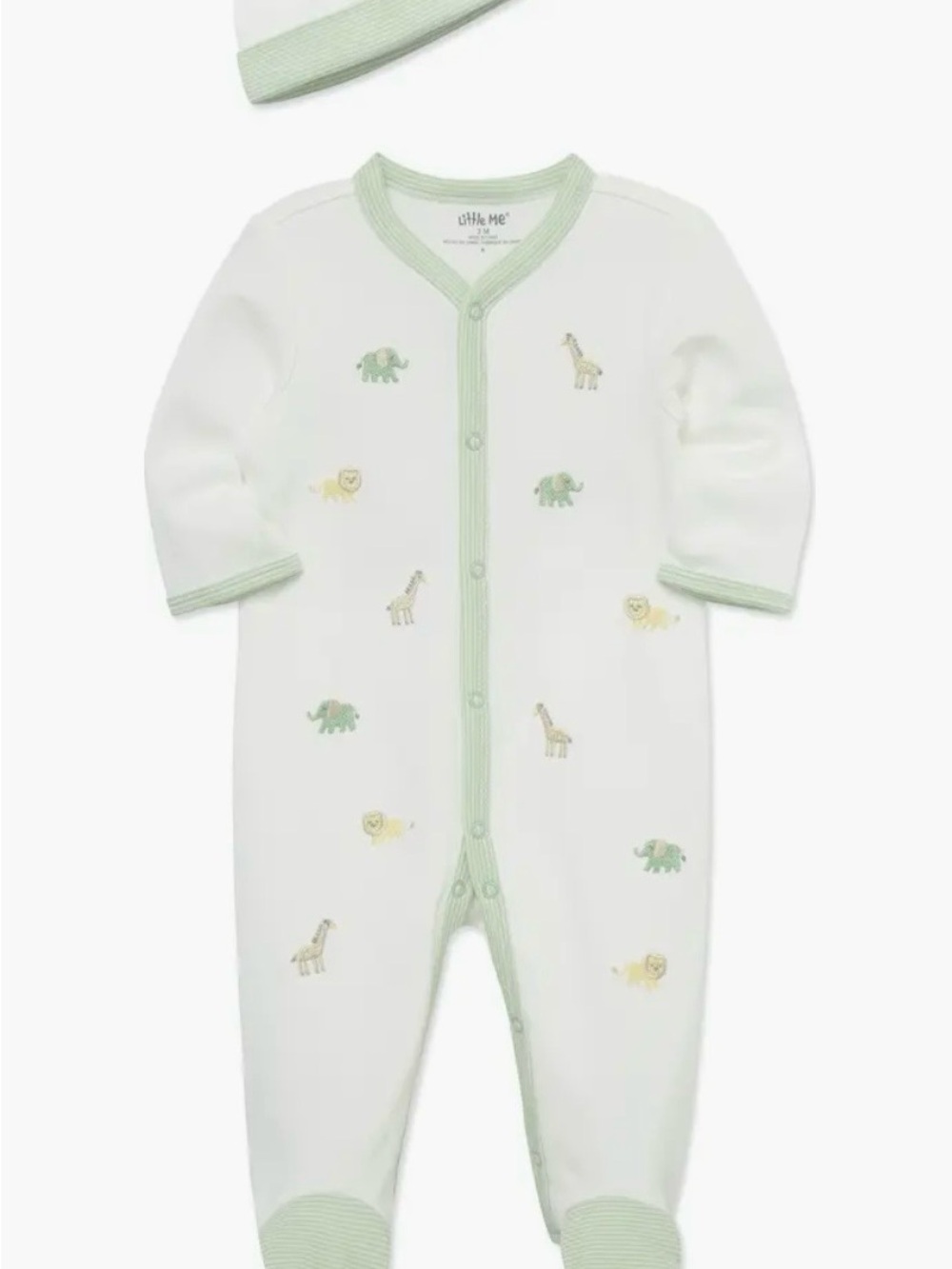 Little Me White One-Piece with Green Trim & Animal Print
